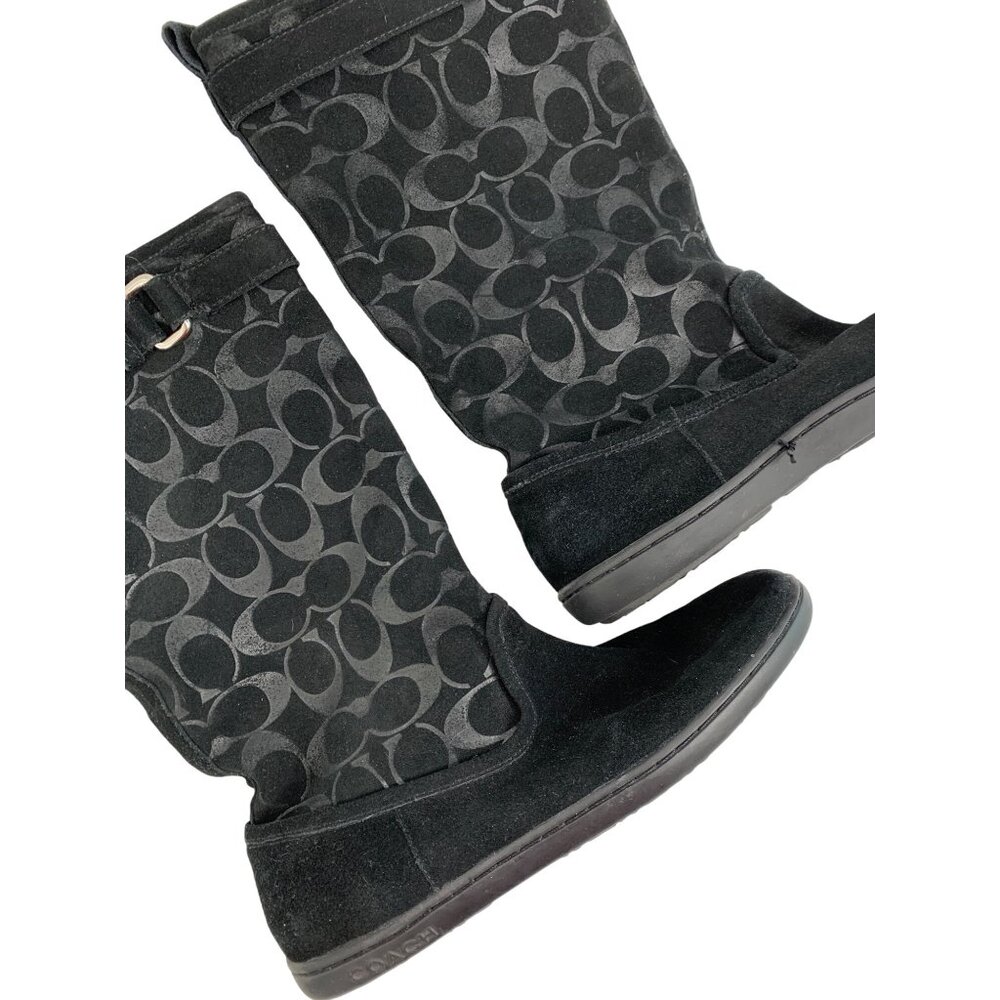 Coach Maressa Signature Logo Mid Calf Black Suede Boots Size 7.5 Flat Winter
